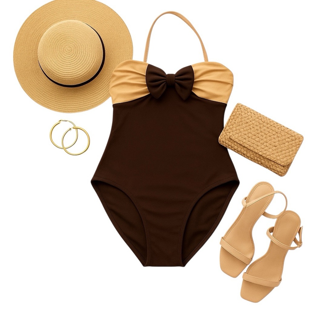 Sirena Vintage Black Nude Bow One Piece Swimsuit Size 14 Retro Glam Classic Fit